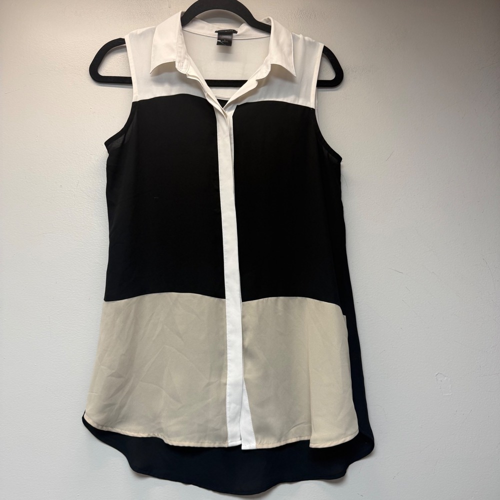 Ann Taylor Sleeveless Tunic Top Womens Small Black White Tan Excellent